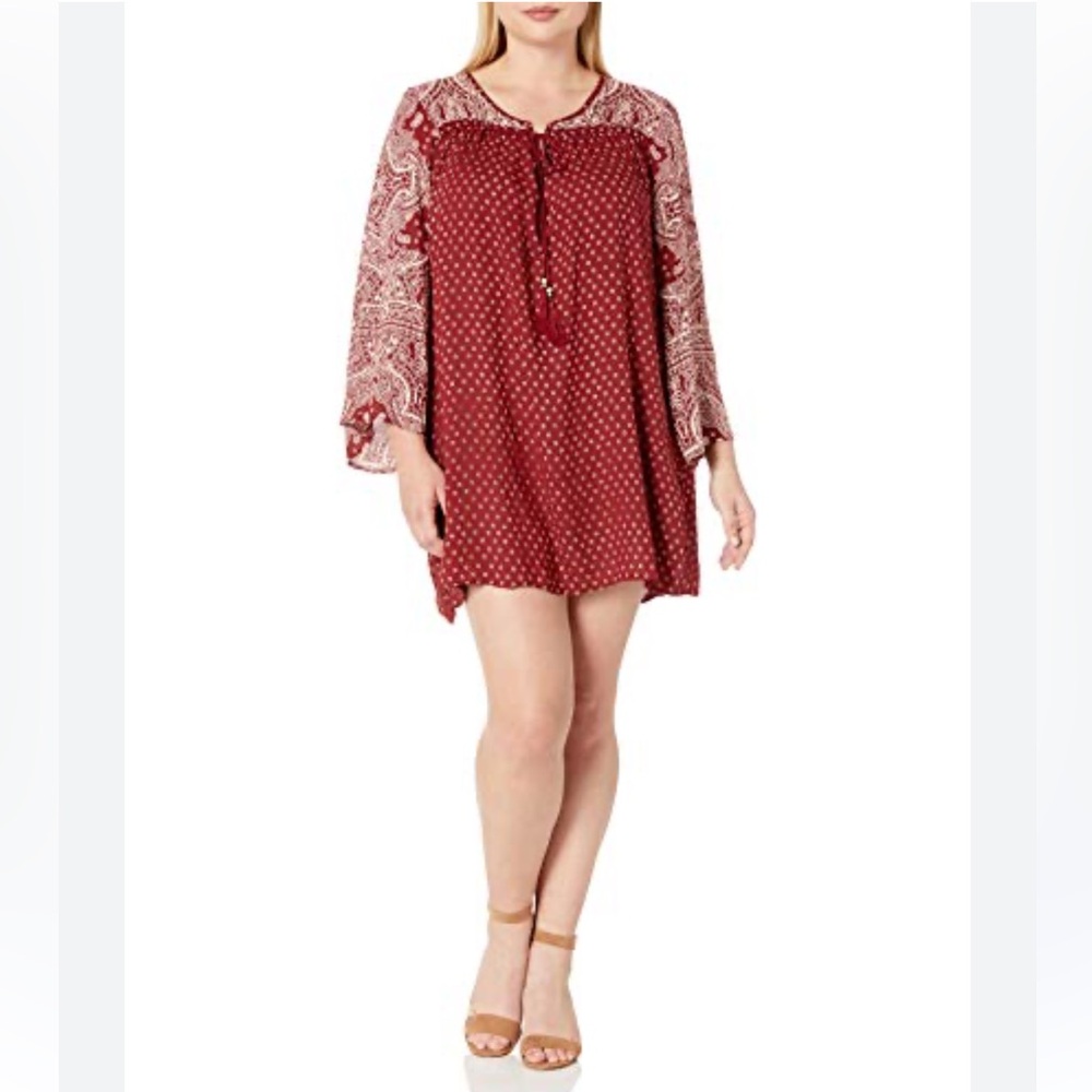 Angie burgundy, cream patterned dress / tunic, 1X, NWT!